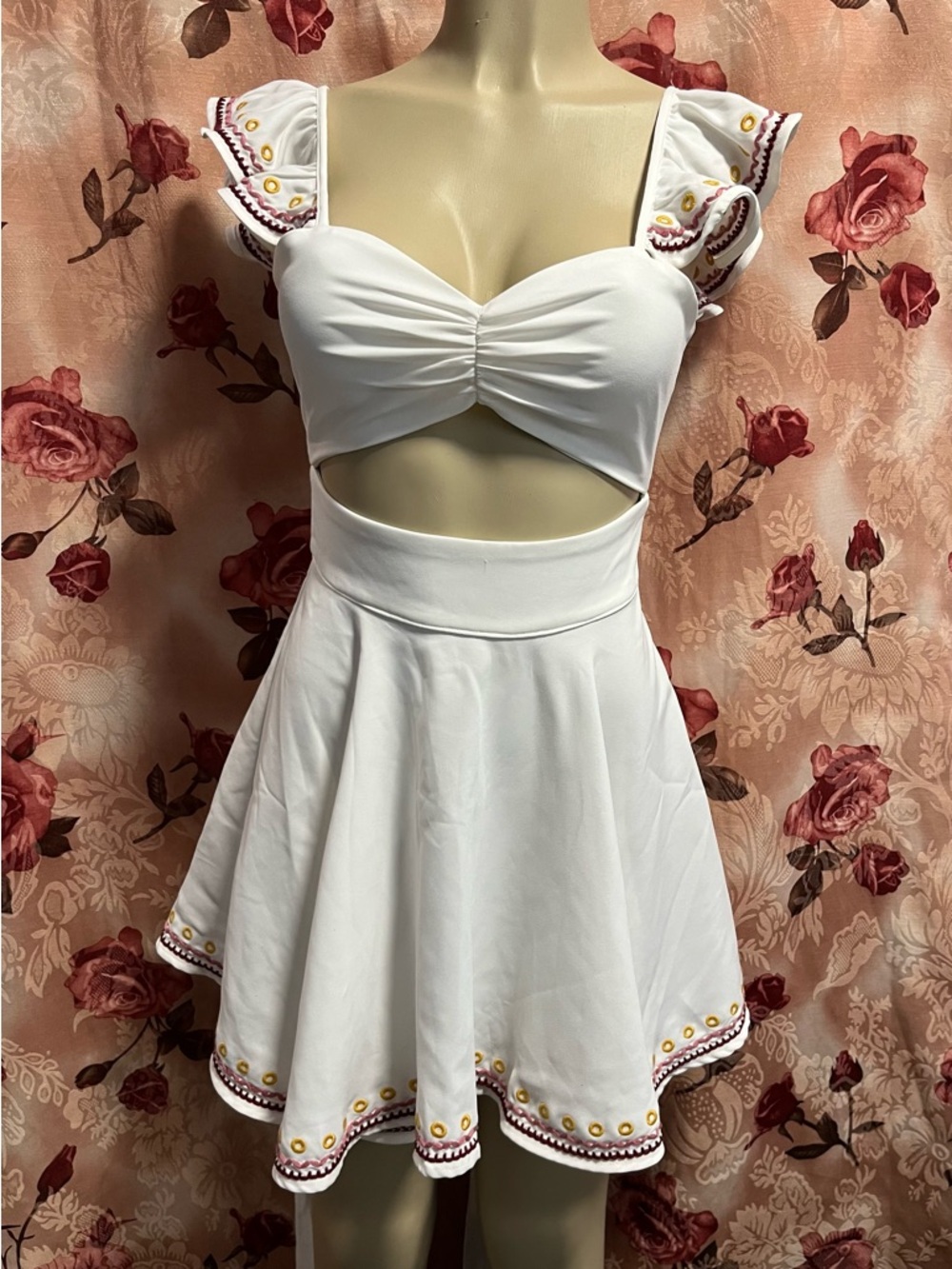 Tularosa White Mini Dress with Embroidered Ruffle Straps